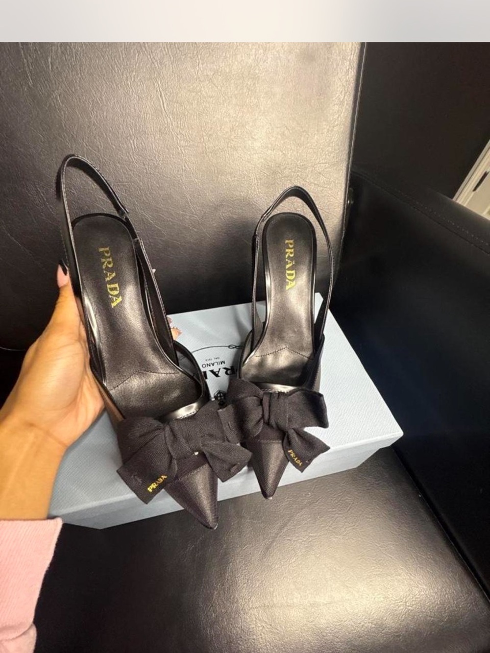 Prada Black Bow Pointed-Toe Slingback Heels with Logo Accent